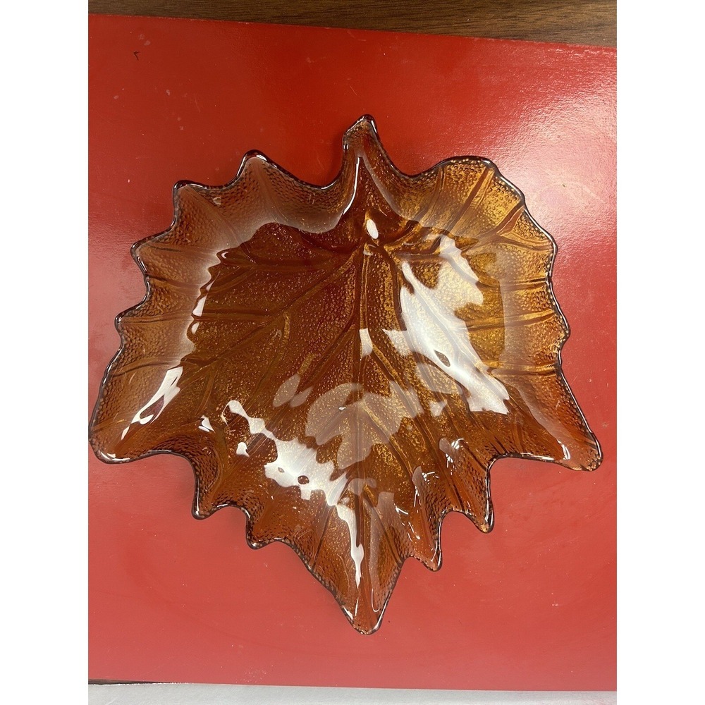 Vintage Brown Glass Maple Leaf Trinket Dish Fall Autumn Decorative Bowl
